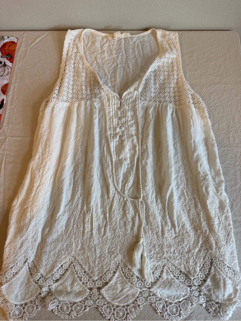 lovestitch Cream Lace-Trim Sleeveless V-Neck Tunic